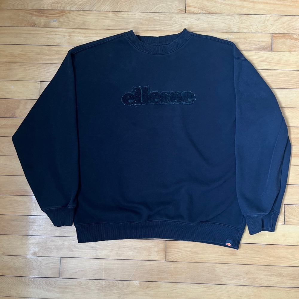Ellesse Mens Black Chenille Logo Crewneck Sweatshirt Large Pullover